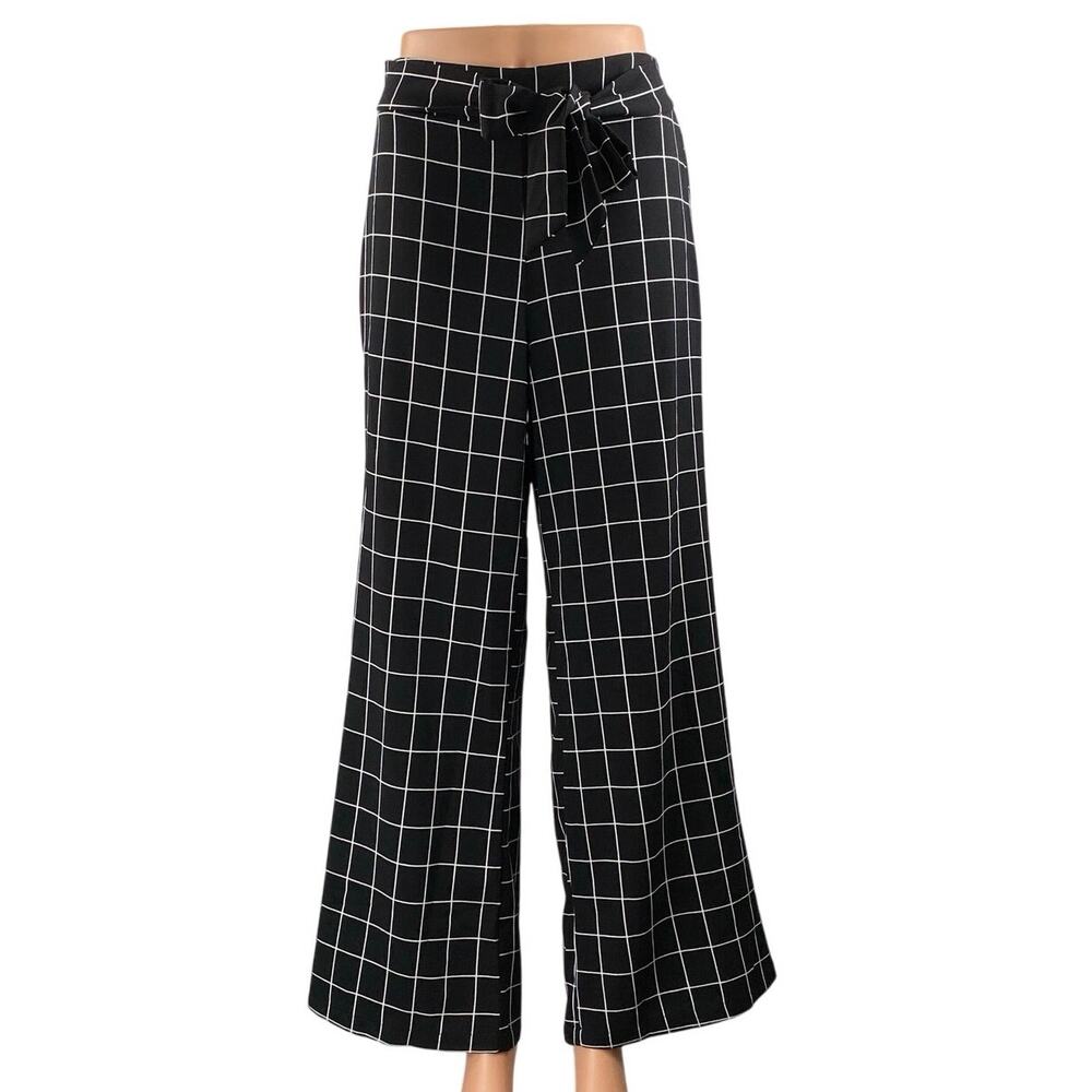Mine Black Windowpane High Rise Drawstring Wide Leg Trousers Dress Pants Size S